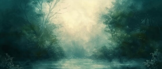Artistic conception of beautiful landscape painting of nature of forest, background illustration, tender and dreamy design - obrazy, fototapety, plakaty