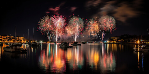 Obraz premium Amazing Fireworks In The Night Sky, Celebration Of New Year