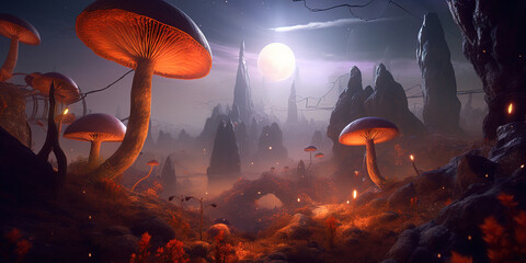 Illustration Fabulous Magic Mushrooms Lighting At Night Against Mountains - 736370567