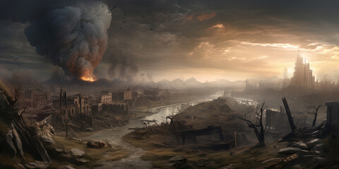 Post-Apocalyptic World After A Global War Depicts A Destroyed City - obrazy, fototapety, plakaty