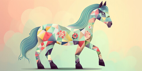 Illustration Of Polygonal Colorful Horse In Pastel Background - 736370709