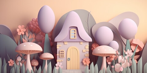 3D Illustration Of Fabulous House In Pastel Colors , Fairly World Story - 736370723