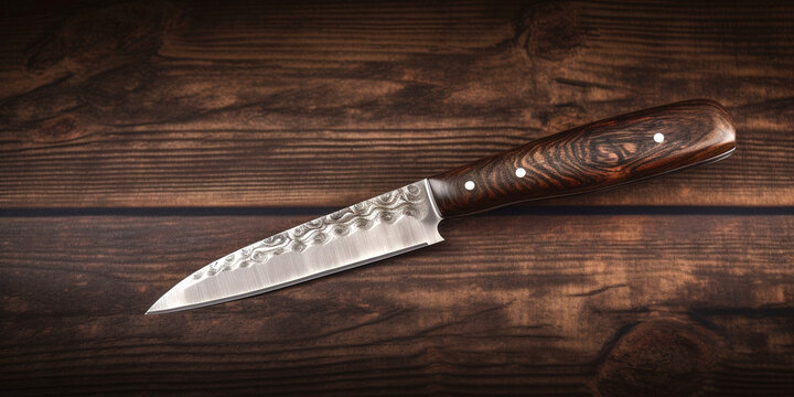 Kitchen Knife made of damascus steel on a table