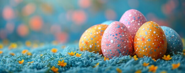 Speckled Easter eggs on a textured blue background