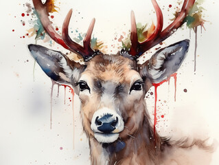 Christmas Deer Watercolor Illustration Portrays A Festive Reindeer In A Unique Artistic Style - 736370935