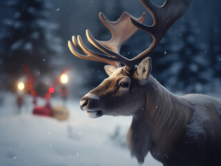 Deer In A Winter Forest, Surrounded By Festive Lights In The Evening, Creates A Magical Scene - 736370956