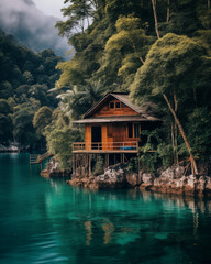 Fototapeta premium Bungalow am Strand in Asien am Ozean, Unterkunft im Paradies, Traumhafte Hütte am indischen Ozean