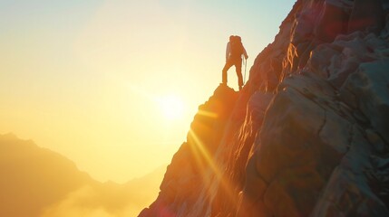 person on top of the mountain with morning light. focus on the goal - obrazy, fototapety, plakaty