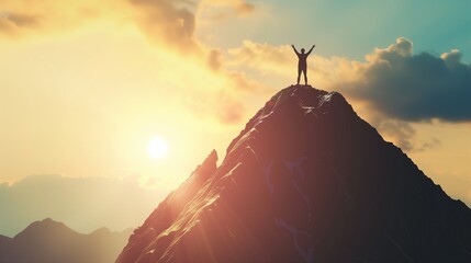 person alone on top of the mountain with arms up celebrating having achieved their goals - obrazy, fototapety, plakaty