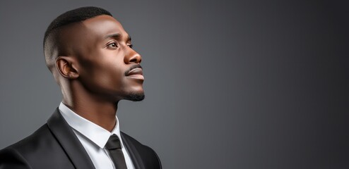 Half-turned side profile close up view portrait of handsome virile masculine attractive confident smart intelligent clever african man looking aside weairng smartsuit isolated on gray background - Powered by Adobe