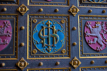 Fragment of the door to the neo-Gothic Cathedral of Saints Peter and Paul in the Visegrad Fortress...