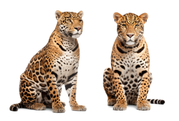 Two jaguars in sitting pose, isolated on transparent background