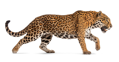 Side profile view of a walking jaguar on isolated background