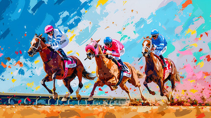 racing horses competing others. Hippodrome. Racetrack. Equestrian. Derby. Horse sport. Watercolor painting, racing competition drawing, watercolor painting, Abstract colorful background, ai generated  - obrazy, fototapety, plakaty