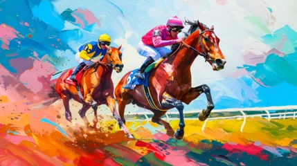 Foto op Plexiglas racing horses competing others. Hippodrome. Racetrack. Equestrian. Derby. Horse sport. Watercolor painting, racing competition drawing, watercolor painting, Abstract colorful background, ai generated  © HayyanGFX