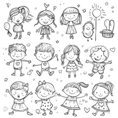 well hand drawing kids set doodle style illustration