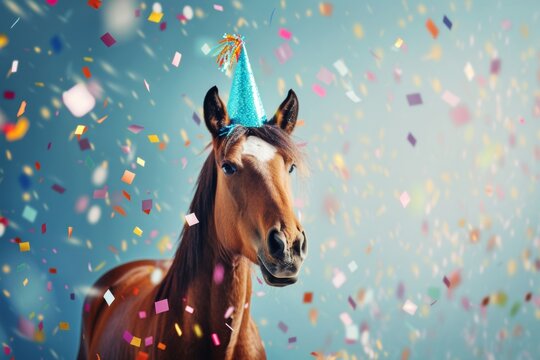 A joyful horse in a party hat celebrates with confetti and bokeh lights at a festive birthday or New Year's bash.