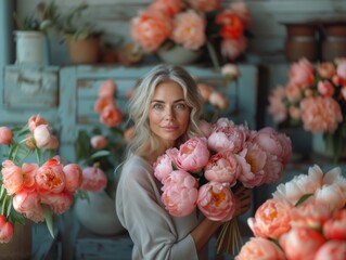 Fototapeta premium Portrait of an adult beautiful woman with a bouquet of pink flowers in a florist shop. Gray-haired happy woman florist with a large bouquet of flowers, mother's day, preparation for women's day