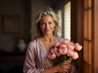 Portrait of an adult beautiful woman with a bouquet of pink flowers in the living room. Gray-haired happy woman with a large bouquet of flowers, Mother's Day, Women's Day, March 8