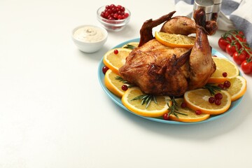 Baked chicken with orange slices on white table, space for text