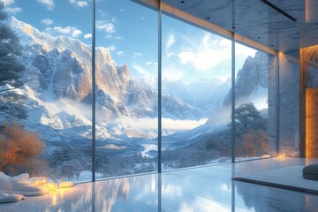 Amidst the serene winter landscape, a solitary room with towering windows captures the ethereal beauty of the snow-capped mountains through its reflective glass, creating a stunning fusion of outdoor