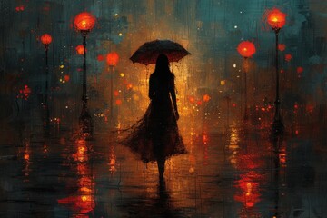 A solitary figure navigates the wet city streets, her vibrant umbrella a stark contrast against the muted hues of the rain-soaked landscape in this evocative outdoor painting