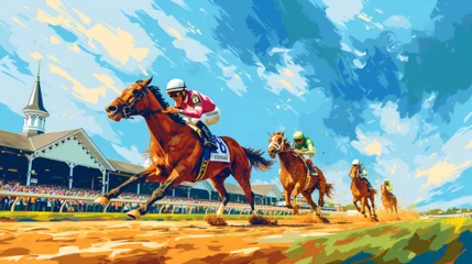 Wandaufkleber racing horses competing others. Hippodrome. Racetrack. Equestrian. Derby. Horse sport. Watercolor painting, racing competition drawing, watercolor painting, Abstract colorful background, ai generated  © HayyanGFX