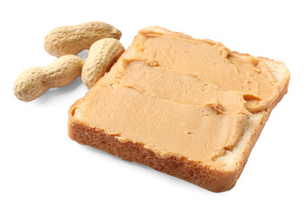 Tasty peanut butter sandwich and peanuts on white background