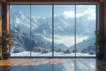 A cozy indoor retreat offers stunning views of the majestic snowy mountains, with wispy clouds dancing across the vast sky and reflecting in the expansive windows