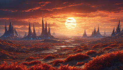 Serene fantasy scene: sunset painting the desert with a red glow, framed by majestic mountains and a mystical plants