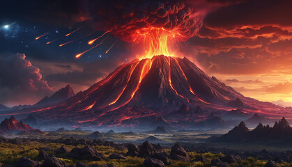 Fiery volcanic eruption in a field at night: awe-inspiring landscape with a volcano, moon, stars, and a mountainous horizon - obrazy, fototapety, plakaty