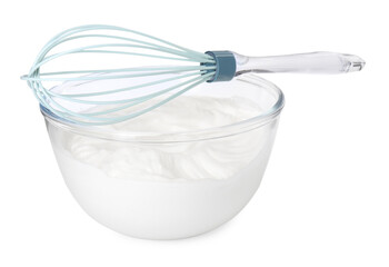 Bowl with whipped cream and whisk isolated on white