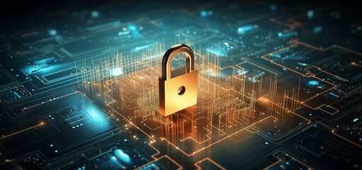 Digitale Sicherheit, Konzept Cyber Security, Sicherheit am Laptop und im Internet, Netzwerksicherheit, Schloss mit Schaltkreisen
