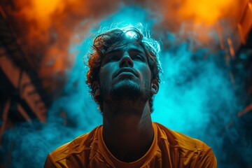 A rugged man stands amidst the billowing smoke, his face upturned in contemplation as he gazes at the outdoor scene before him - obrazy, fototapety, plakaty