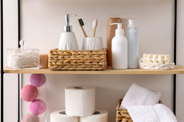 Different bath accessories and personal care products indoors