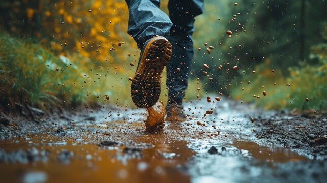 A view of a man's legs moving quickly in a sloppy, muddy route during a wet day and space, Generative AI.