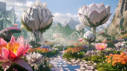 Wander through a whimsical garden blooming with vibrant flowers and whimsical art installations. Delicate petals sway in the breeze,