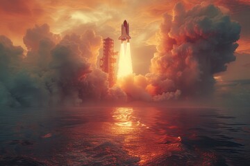 Amidst a sea of billowing clouds, the fiery heat of a rocket propels a space shuttle towards the endless expanse of the sky, leaving behind a trail of explosive smoke in its wake - obrazy, fototapety, plakaty