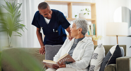 Elderly, woman and nurse on sofa with support, conversation and caregiver in living room of...