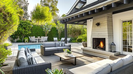 Cozy backyard or patio area with garden furniture, swimming pool and outdoor fireplace