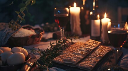 Witness a majestic tableau of ancient symbols illuminated by the soft glow of candlelight, as the Passover Seder unfolds with reverence and tradition. - obrazy, fototapety, plakaty