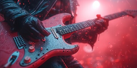 A passionate guitarist strums a fiery red electric guitar, filling the concert hall with the sweet...