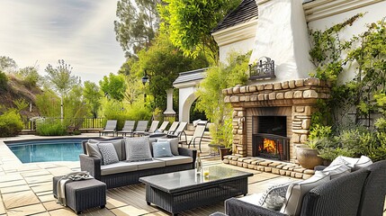 Cozy backyard or patio area with garden furniture, swimming pool and outdoor fireplace