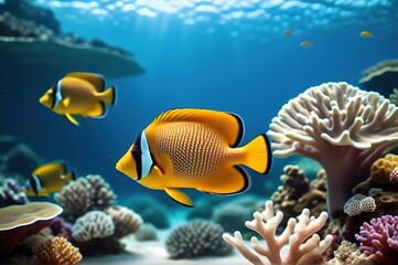 Naklejka na ściany i meble orange coral fish swim among corals in the sea, ocean.