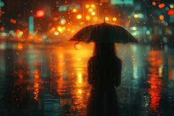 A solitary figure seeks shelter under the protection of her umbrella, illuminated by the soft glow of streetlights as she braves the rainy night
