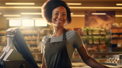 Portrait of cheerful smiling female cashier in grocery store symbolizes friendly customer service and welcoming atmosphere of store, joyful female store clerk happy to help customer - obrazy, fototapety, plakaty