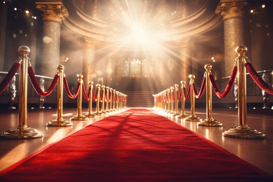 Red carpet rolling out in front of glamorous movie Presentation, Red carpet with golden stanchions on dark background. 3D Rendering,AI generated