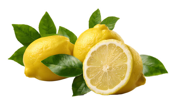 image of a whole lemon and cut lemon with leaves on a transparent PNG background. food and cooking