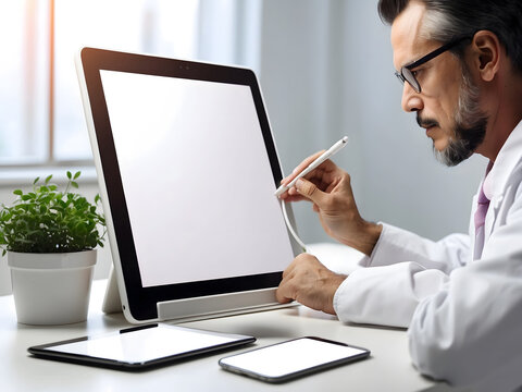 The doctor looking at a blank mockup tablet computer with a white screen for copy space. Background for medical product presentation or online medicine scene design