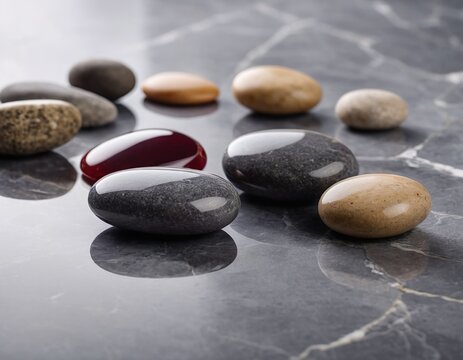 Beautiful spa stones on grey marble table